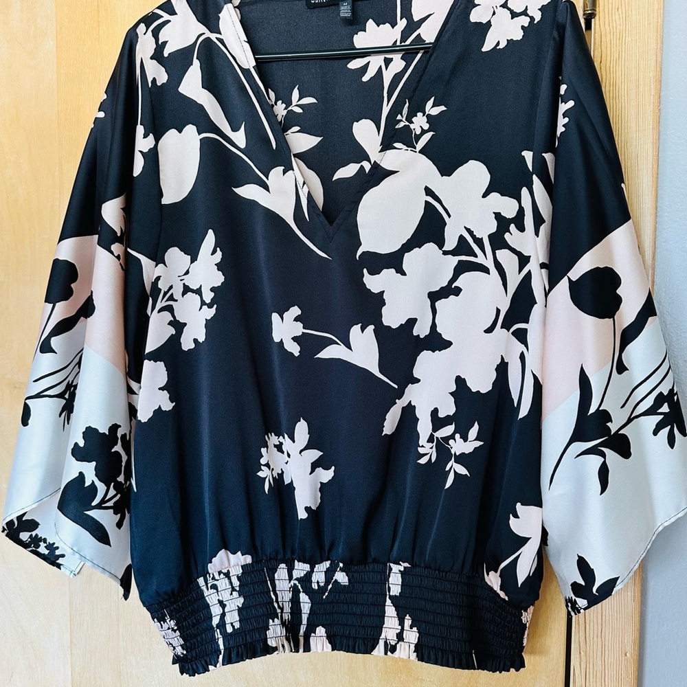 White House Black Market Black and White 3/4 Sleeve Smocked Blouse